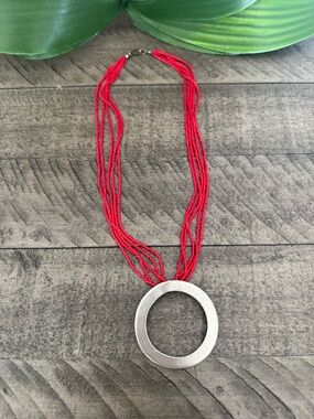 Red Multi-Strand Beaded Necklace with Silver Circle Pendant